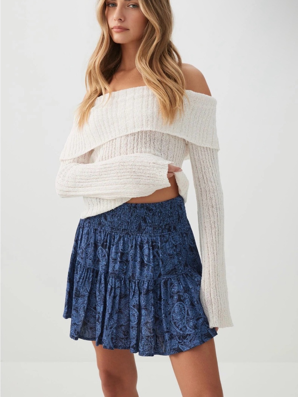 Ardene Blue Paisley Tiered Mini Skirt
